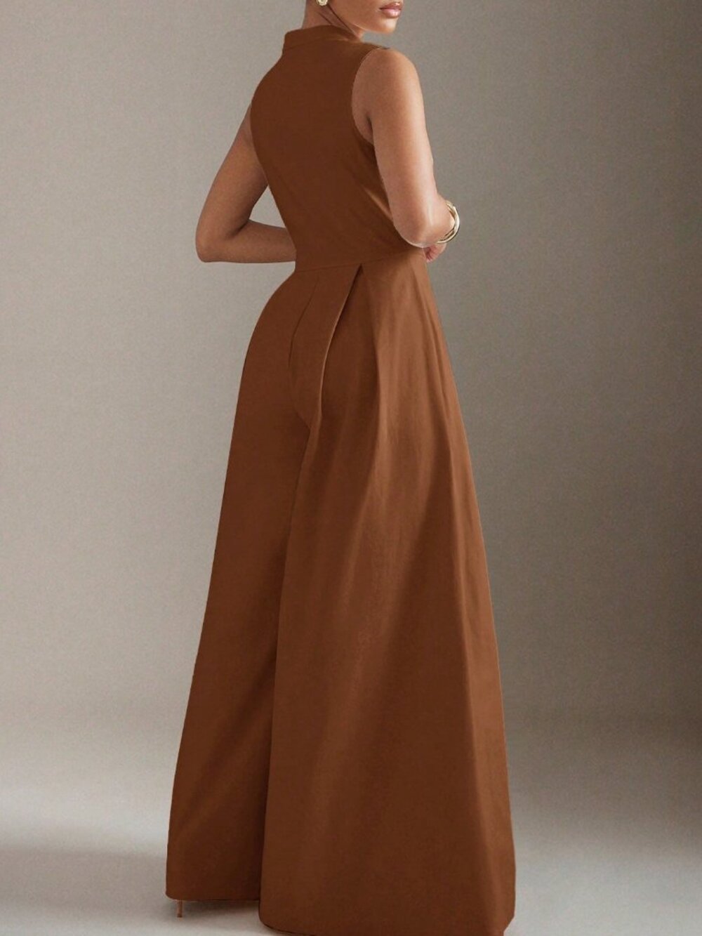 Rust Brown Elegant Women's Extreme Wide Leg Zip Front Sleeveless Jumpsuit - Picture 2 of 5